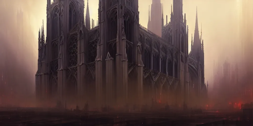 Prompt: a gothic cathedral standing in the middle of a city, extremely detailed digital painting, in the style of fenghua zhong and ruan jia and jeremy lipking and peter mohrbacher, mystical colors, rim light, beautiful lighting, 8 k, stunning scene, raytracing, octane, trending on artstation