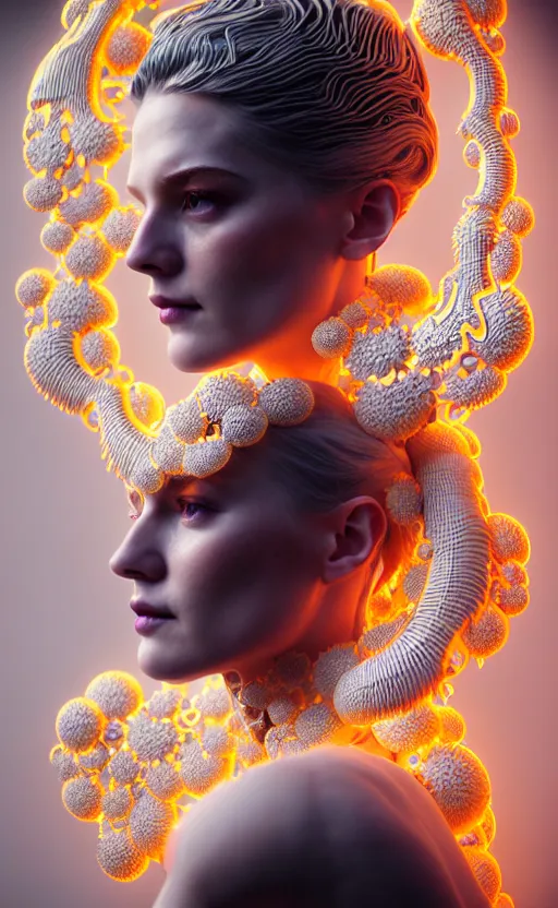 Image similar to intricate hyper detailed ultra sharp 3 d render of a beautiful smooth porcelain seductive cyborg woman portrait, medium shot portrait, bright light, alexandre ferra mecha, haute couture deeply cyberpunk art nouveau huge white fractal mycelum and fungi head ornaments, big embroidered leaves filigree spreaded roots, yellow infrared, octane render, volumetric cinematic lighting, 8 k, vray tracing