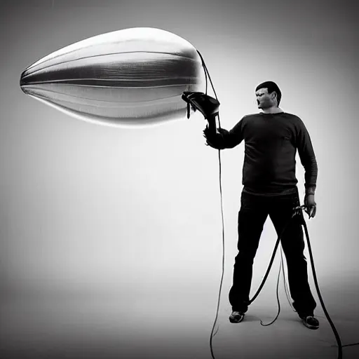 Image similar to “man with bicycle pump inflating a blimp, highly detailed, dramatic lighting”