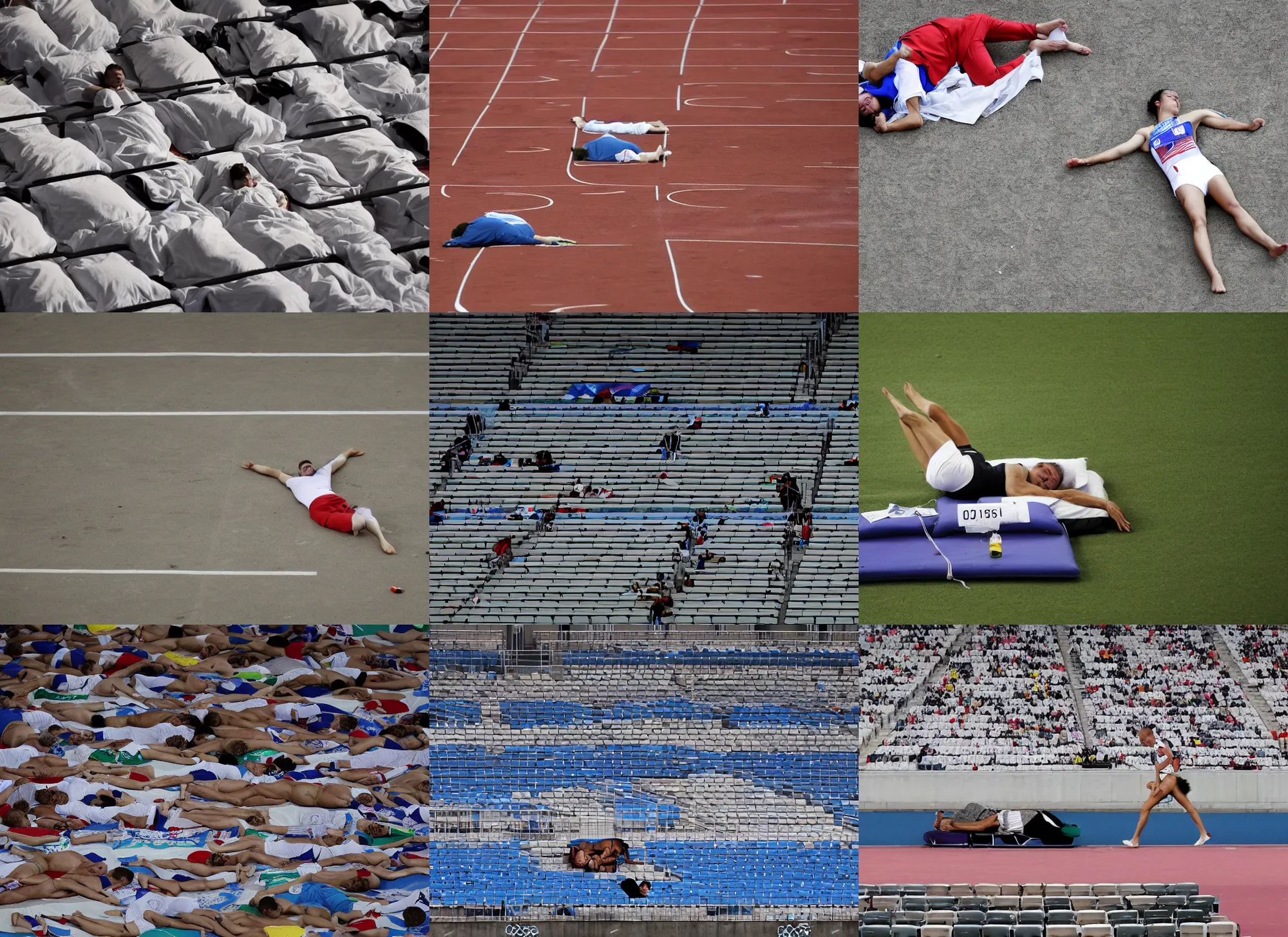 Prompt: competitive sleeping at the olympic games stadium, associated press photography