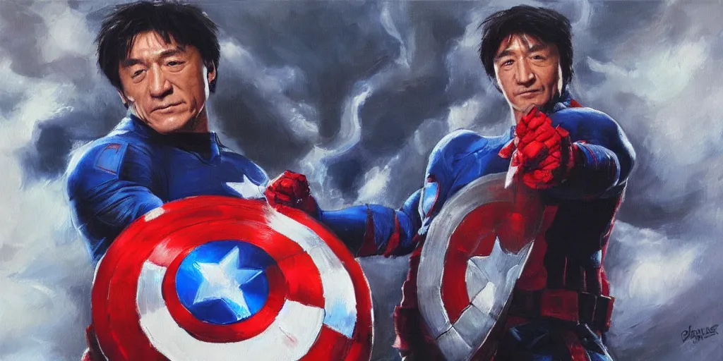 Image similar to jackie chan holds captain america's shield ， oil painting