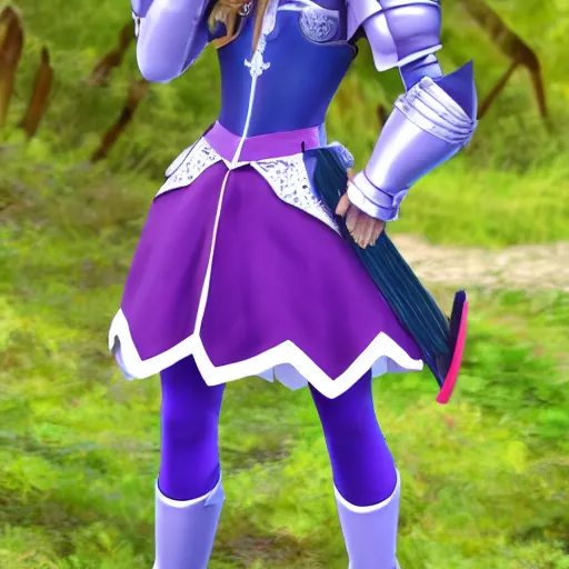 Image similar to Alicia is an honorable Princess Knights. She has straight blonde hair, purple eyes and platinum armor. Alicia has a tiny blue skirt that's mere decoration, and some brown leggings.