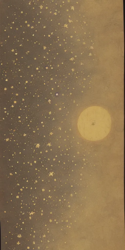 Prompt: oriental painting of the nebula, moon is far above, detailed, refined, high quality, parchment, blackened space, lots of stars, towards the bottom it fades into the parchment