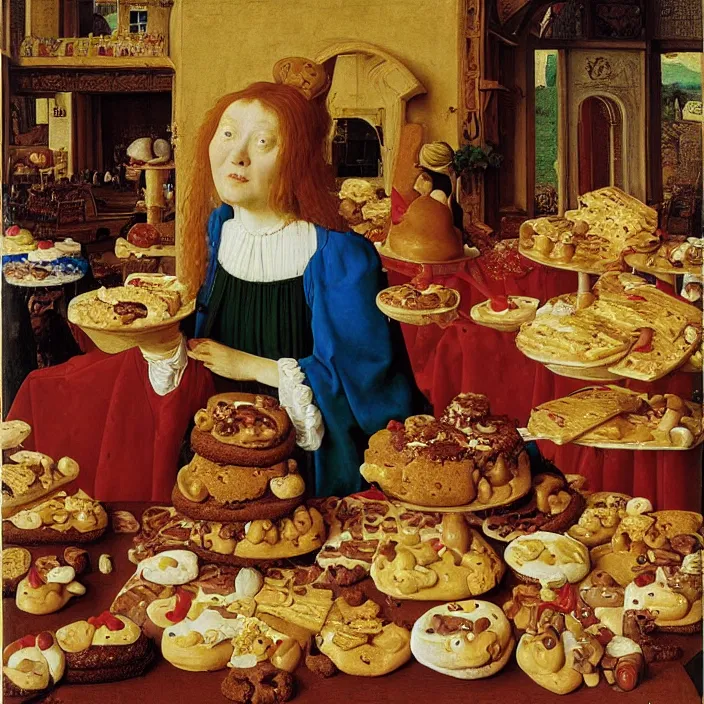 Image similar to a woman drowning in cakes and cookies, by Jan van Eyck