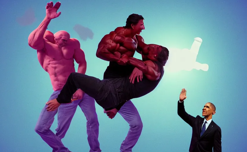 Prompt: Justin Trudeau getting smacked by a giant bodybuilder Obama, By Beeple