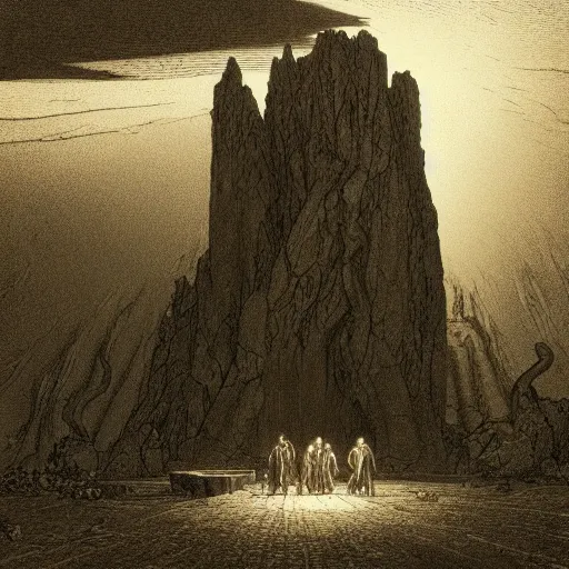 Image similar to etching by Franklin Booth and Gustav Doré showing frightened sorcerer in the desert by night, surrounded by nightmares in the shadows, mystic athmosphere, by Greg Rutkowski, deformed rocks, snakes, scorpions, UHD, 8K,