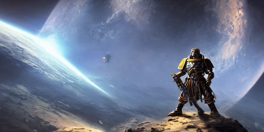 Prompt: a warhammer marine in a flowing blue cloak looking out at the horizon of a planet from a space station in orbit, sci-fi, high detail, light reflections, gold, dramatic matte painting, style by jaques louis david, 8k, octane render, photorealistic, hyperrealism”