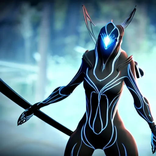 Image similar to photograph of (female) wisp!!!!!!!! warframe holding a katana!!!!!!!, 8k resolution, high detail, ULTRA REALISTIC VFX, reflections