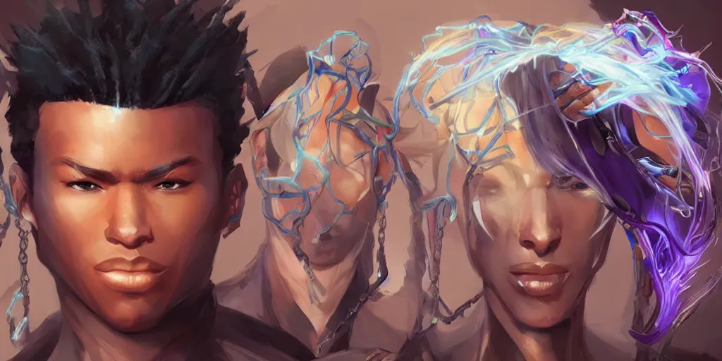 Prompt: concept art of young black male netrunner d & d video game characters head designs, unique hair designs, by marc brunet and artgerm