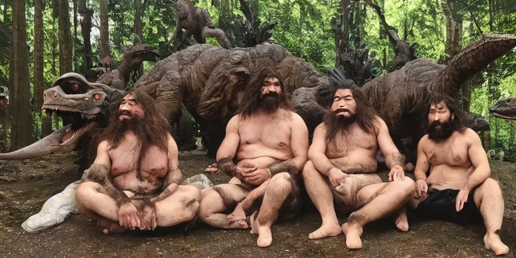Prompt: photo, three hairy neanderthal people, sumo japanese, emma!! watson!! sitting among them, eating outside, surrounded by dinosaurs!, gigantic forest trees, sitting on rocks, bright moon, birthday cake on the ground, front view