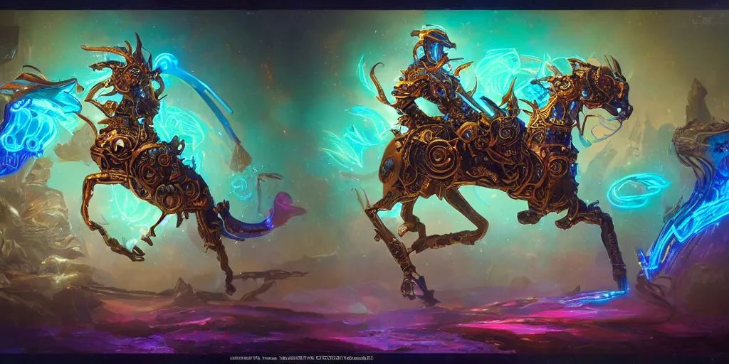 Image similar to cosmic steampunk opal mechanical horse, character design sheet, monster hunter illustrations art book, iridescent, blue flame, neon lights, armored, moebius, greg rutkowski, zabrocki, karlkka, jayison devadas, phuoc quan, trending on artstation, 8 k, ultra wide angle, zenith view, pincushion lens effect.