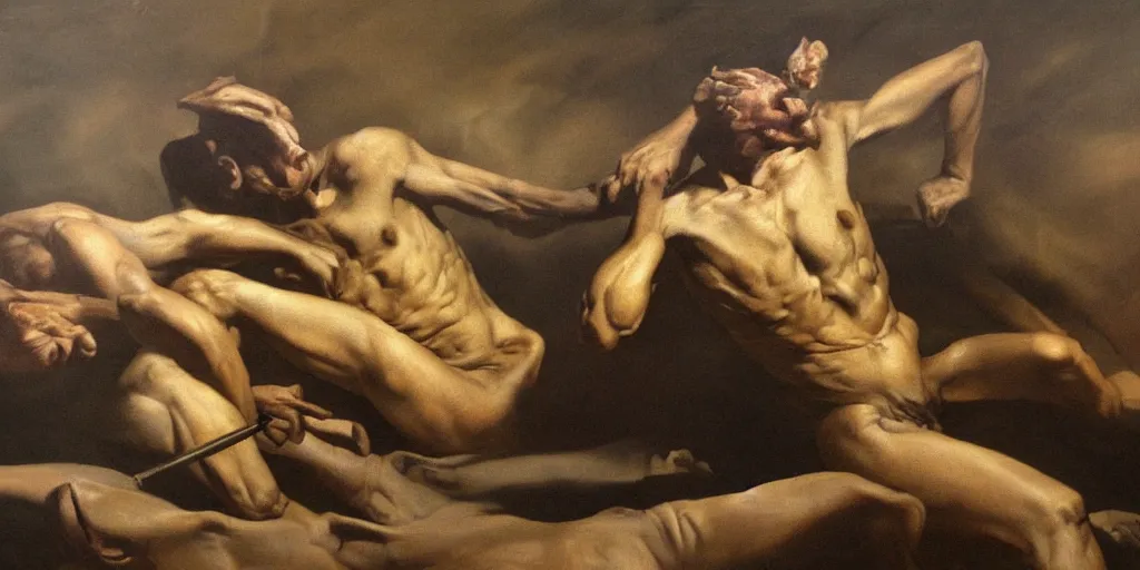 Prompt: painting of nightmares by theodore gericault, realistic oil painting, 4 k, studio lightning, award winning