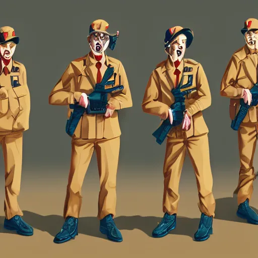 Image similar to ghoul security officers from with glowing red skin in vintage muted beige uniforms and caps with blue pants holding submachine guns in a brutalist office setting trending on artstation digital painting 4 k sharp detail high quality