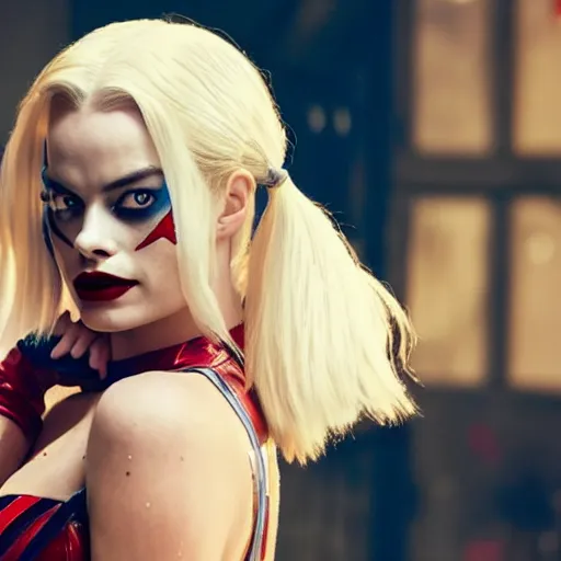 Image similar to Margot Robbie as real-life Harley Quinn, cinematic, Wide-shot, atmospheric lighting, directed by Quentin Tarantino, extreme detail, 8K, movie still