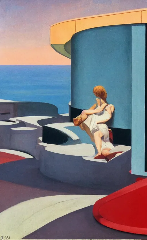 Image similar to retro futurism painted by edward hopper, painted by dali