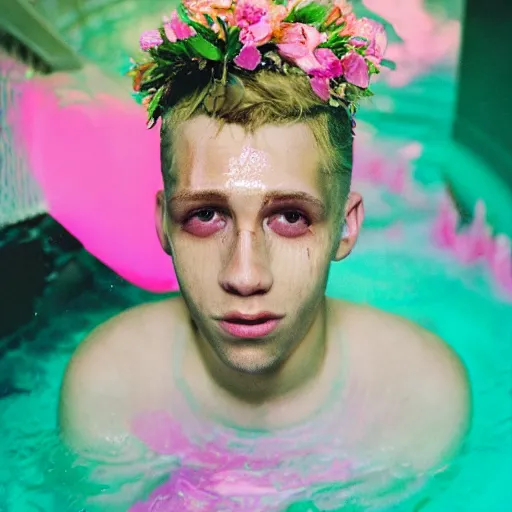 Image similar to close up kodak portra 4 0 0 face portrait photograph of a skinny guy with blonde hair submerged in a tub of milk, aerial view, wearing cyber goggles, flower crown, moody lighting, telephoto, 9 0 s vibe, blurry background, vaporwave colors, dream aesthetic, dreamy aesthetic, faded!,