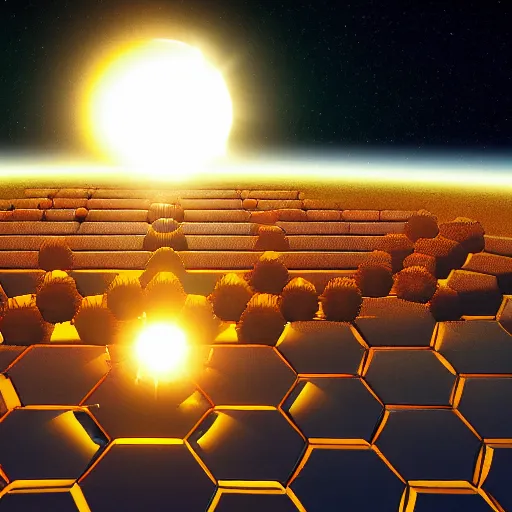 Image similar to hexagons in front of the sun, seen from planet earth, trending on art station, retro futurism, photo realistic, perspective