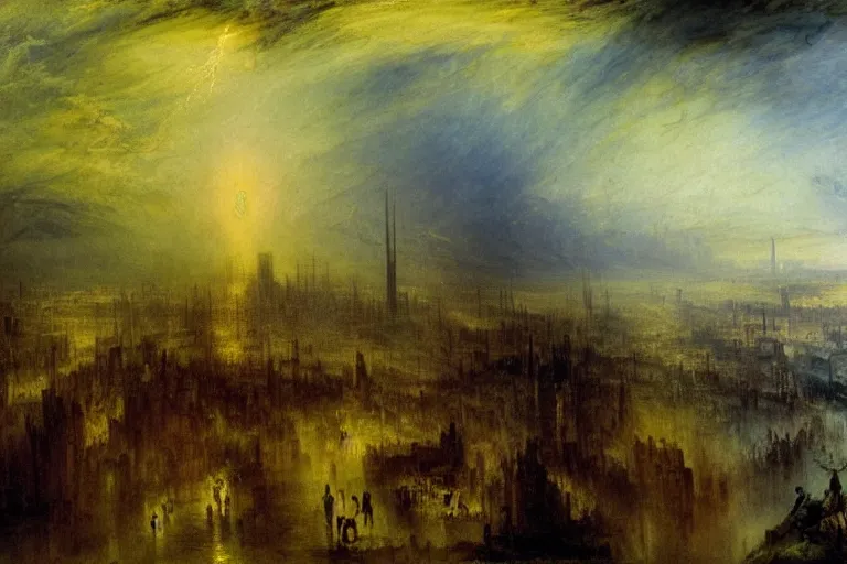 Prompt: cyberpunk post-apocalyptic city landscape with hooded figure painted by William Turner 1860