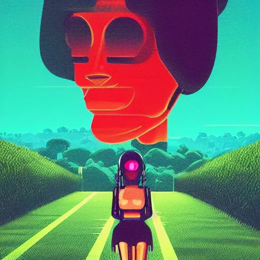 Image similar to a woman walking across a lush green hillside, a huge robot head in front of her, cyberpunk art by by james gilleard, cgsociety, retrofuturism, synthwave, retrowave, outrun