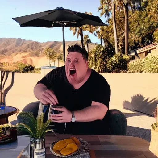 Image similar to obese comedian tim dillon in malibu drinking a martini in real life, 8 k, 4 k uhd, realistic, hyper realistic, super detailed, very detailed, detailed