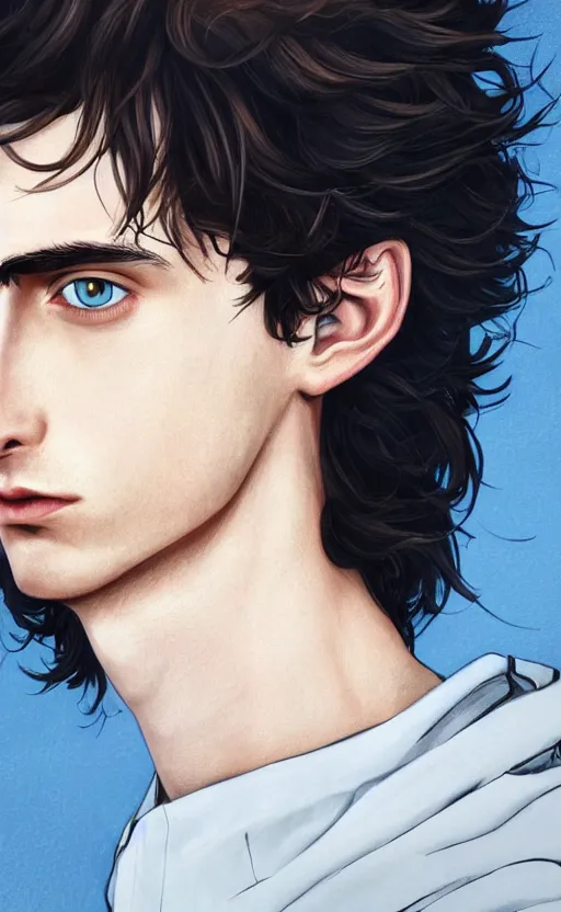 Image similar to portrait of a masculine 3 0 year old empeoror with thin face lines like timothee chalamet, have mi - long brown hair and blue eyes ( completely blue, without white, just blue ), very beautiful portrait, low angle, realistic anime style and perfect art, trending on artstation, good and dramatic lighting