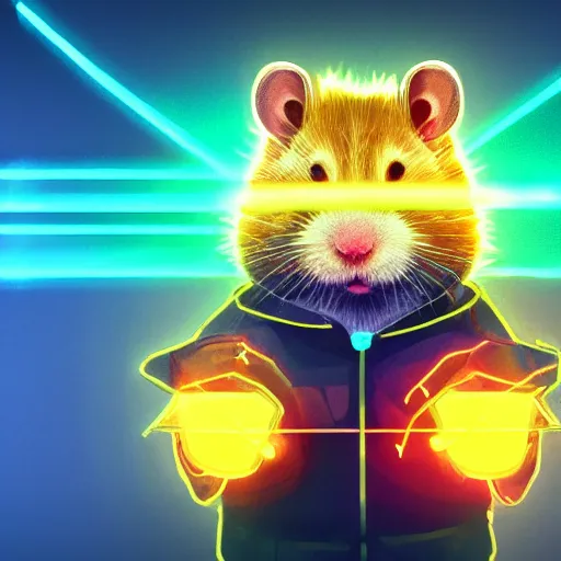 Image similar to cyberpunk hamster! holding rainbow! gem! crystal, neon lights, light reflection, 8 k, hd