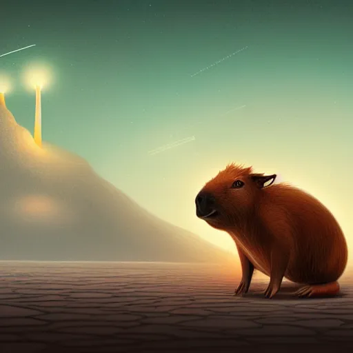 Image similar to beautiful digital fantasy illustration of a Birth Machine, Capybara pirate, keeping vigil over the salt flats, lights in the night, highly detailed, soft lighting, rendered in octane, masterpiece, very very very aesthetic, exquisite marble details