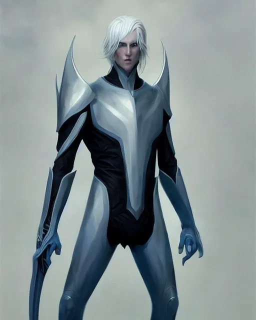 Prompt: character portrait of a slender young white haired half elven man with piercing blue eyes and pale bluish skin, wearing smooth sleek pearlescent black wraithbone powerarmor, by greg rutkowski and mark brookes and jim burns and tom bagshaw and magali villeneuve, trending on artstation