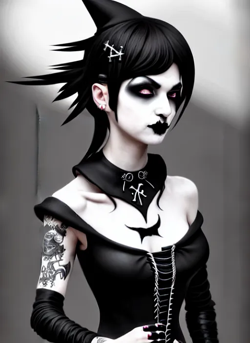 Image similar to old black and white photo with a beautiful portrait of a goth girl with piercings in a collar with a mohawk hairstyle in a medieval dress. witch, true goth, makeup. by ilya kuvshinov, rossdraws, artgerm, sola digital arts, anti aliasing, raytracing