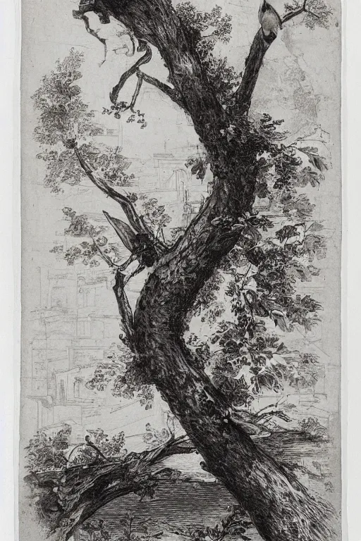 Prompt: a dove on a tree branch in istanbul by piranesi