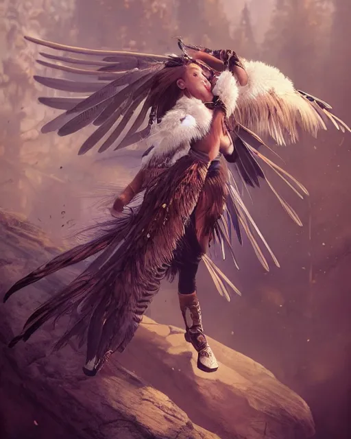 Image similar to a female anthropomorphic eagle warrior. She has two wings on her back. She is covered in feathers, wearing full body tribal feather clothing. Forest, clearing. Full shot, wings are focus. Atmospheric lighting, By Makoto Shinkai, Stanley Artgerm Lau, WLOP, Rossdraws, James Jean, Andrei Riabovitchev, Marc Simonetti, krenz cushart, Sakimichan, D&D trending on ArtStation, digital art.