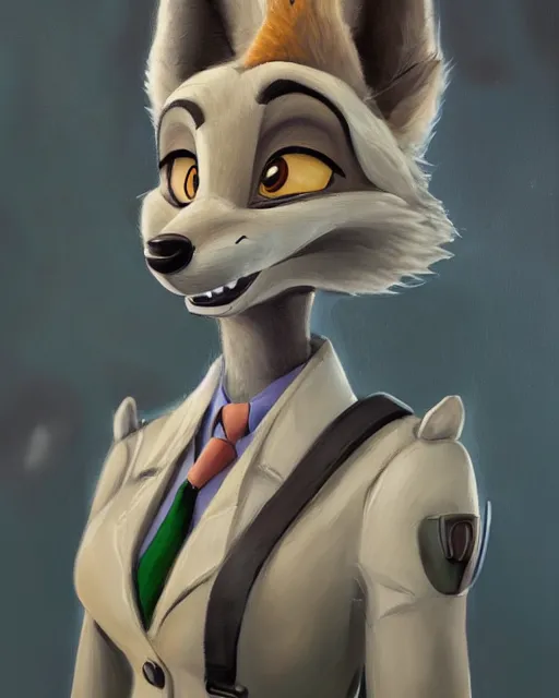 Image similar to oil painting of anthromorphic female wolf, in style of zootopia, zootopia, zootopia, fursona, furry, furaffinity, 4 k, deviantart, furry art, fursona art, wearing black business suit, business suit, in style of zootopia, wolf fursona, cyberpunk, female, expressive detailed feminine face,