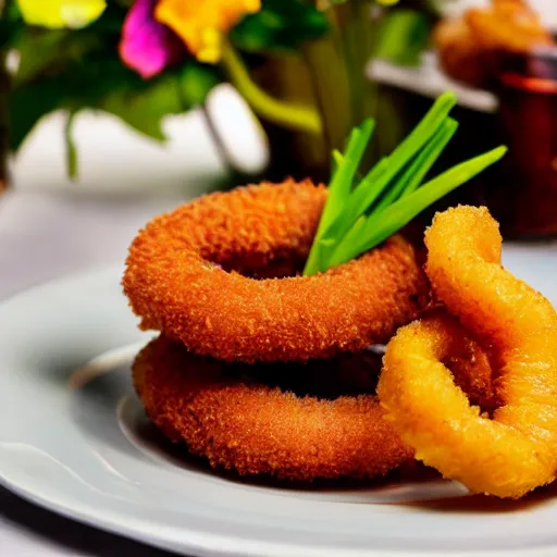 Prompt: Onion rings served with edible flowers, recipe photograph