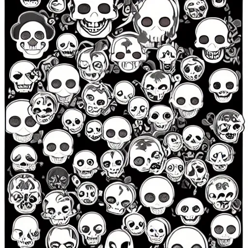 Prompt: anime manga skull portrait emoji happy disney cartoon skeleton illustration comic style by Alphonse Mucha pop art nouveau