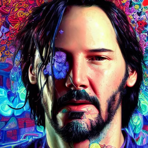 Prompt: portrait of keanu reeves, hyper detailed masterpiece, neon floral pattern, jean giraud, digital art painting, darkwave goth aesthetic, psychedelic, artgerm, donato giancola and tom bagshaw