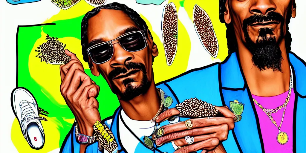 Image similar to snoop dogg smoke someone feet, gta vice city style, smooth painting, each individual seeds have ultra high detailed, 4 k, illustration, comical, acrylic paint style, pencil style, torn cosmo magazine style, pop art style, ultra realistic, underrated, by mike swiderek, jorge lacera, ben lo, tyler west