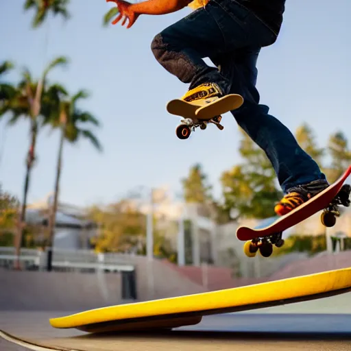 Image similar to professional photo of a skateboarder performing a grab trick, focused on brightly colored deck, thrasher magazine, 8 k, bokeh, bright ambient lighting key light, 8 5 mm f 1. 8