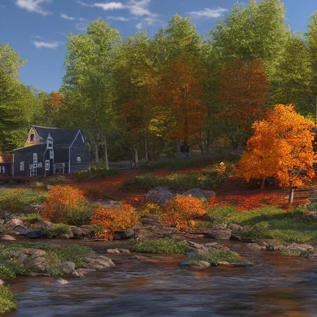 Image similar to small new england colonial village on a river in the white mountains of new hampshire, fall foliage, realistic, unreal engine render, octane render, hyper realistic, photo, 8 k