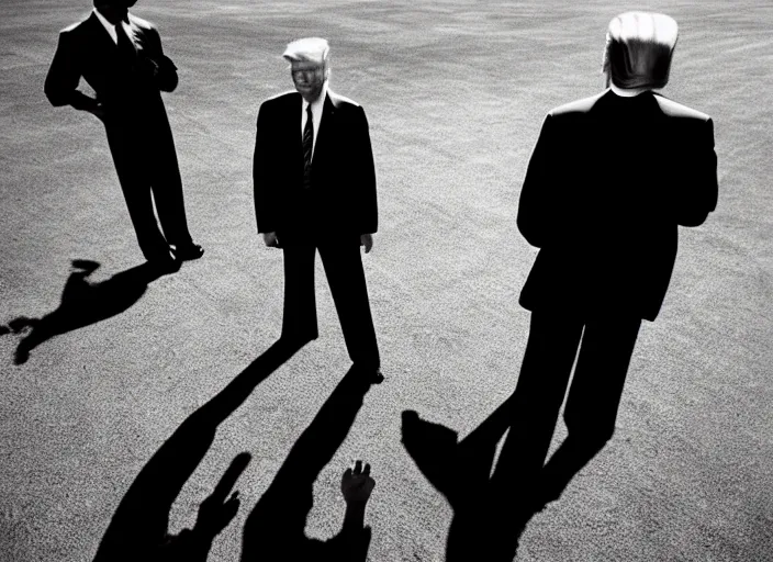 Image similar to front view of a single Donald Trump with hands behind back taken away by two young FBI agents wearing uniforms at golf course, photo by Alex Webb, photo by James Nachtwey