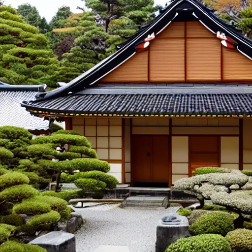 Prompt: photo of exterior of a cozy Japanese English cottage