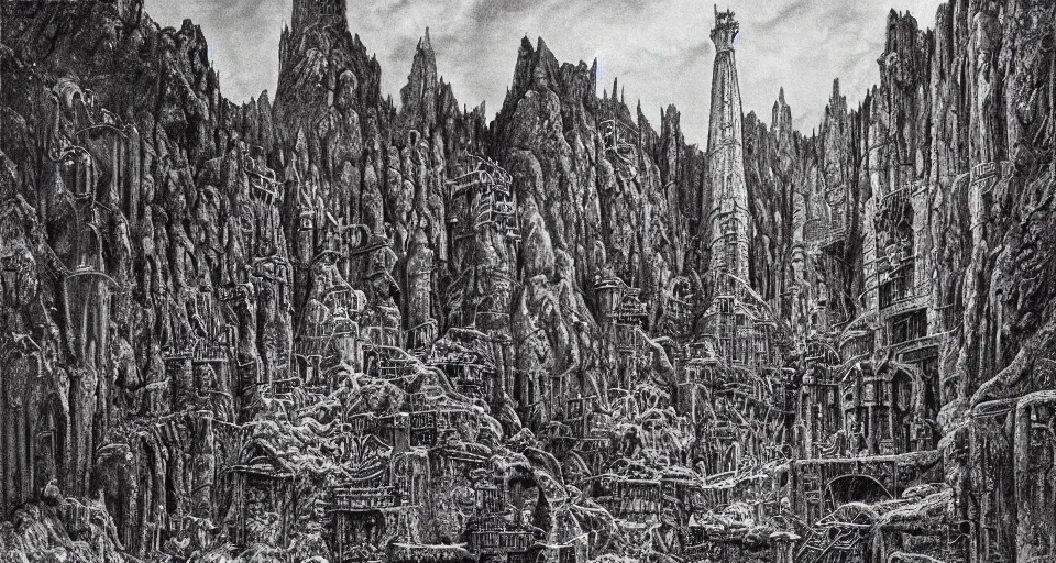 Image similar to Masterfully drawn mspaint art piece of middle-earth's 'Mines of Moria' by James Gurney. View from underground within ancient dwarven mining equipment and architecture. Amazing beautiful incredible wow awe-inspiring fantastic masterpiece gorgeous fascinating glorious great.