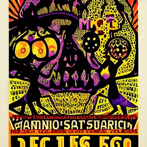 Image similar to a detailed, intricate, psychedelic 1960s poster for a concert in San Francisco featuring Marc E Smith of The Fall, in 1966, LSD, trippy,The Fall