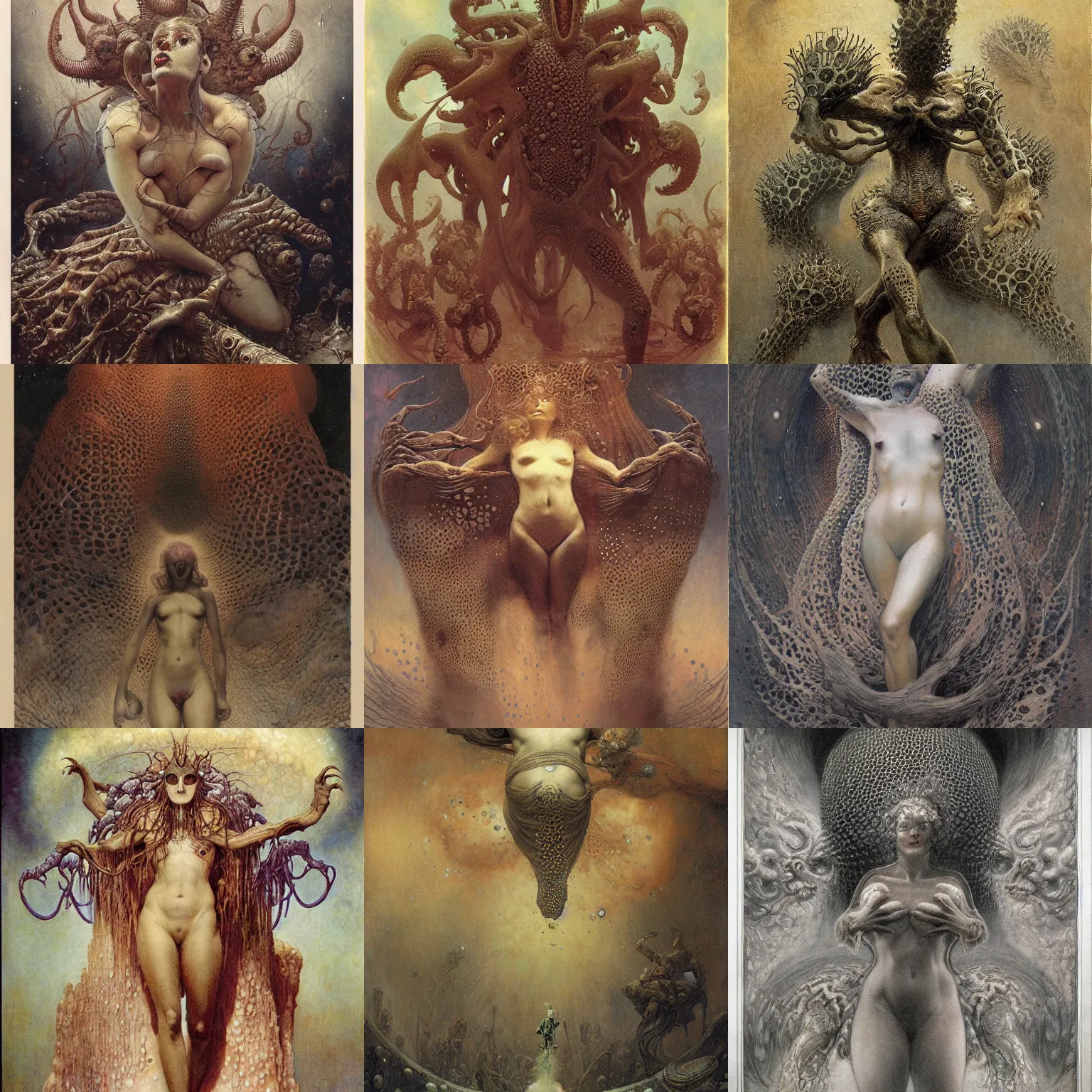 Prompt: trypophobia, by wayne barlowe, by gustav moreau, by goward, by gaston bussiere, by roberto ferri, by santiago caruso, by luis ricardo falero, by austin osman spare, by saturno butto