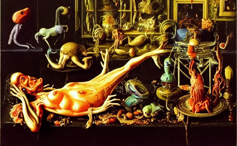 Prompt: strange full woman body, disturbing colorful oil painting dutch golden age vanitas still life sparse composition with bizarre objects strange gooey transparent surfaces shiny metal reflections bizarre mutant meat insects rachel ruysch dali todd schorr very detailed perfect composition rule of thirds masterpiece canon 5 0 mm, cinematic lighting, photography, retro, film, kodachrome