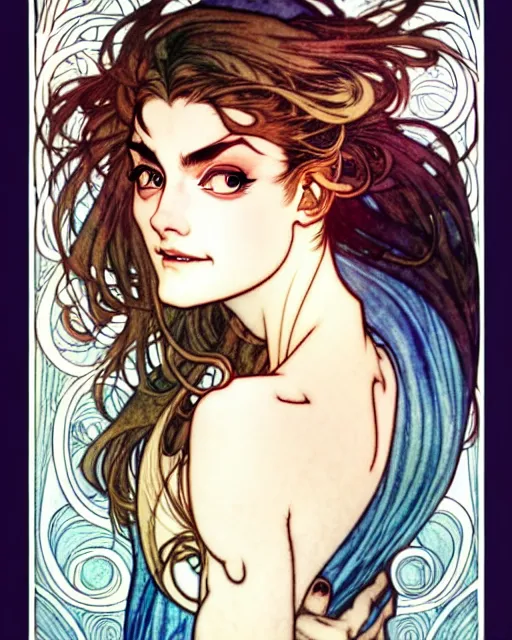 Image similar to in the style of artgerm, arthur rackham, alphonse mucha, phoebe tonkin, symmetrical eyes, symmetrical face, flowing blue skirt, full entire body, hair blowing, intricate filagree, hidden hands, warm colors, cool offset colors