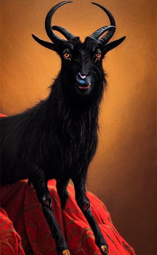 Image similar to a detailed portrait of a black goat on a golden throne, in a red river, concept art, deep focus, intricate, highly detailed, digital painting, artstation, matte, sharp focus, illustration, art by greg rutkowski and alphonse mucha