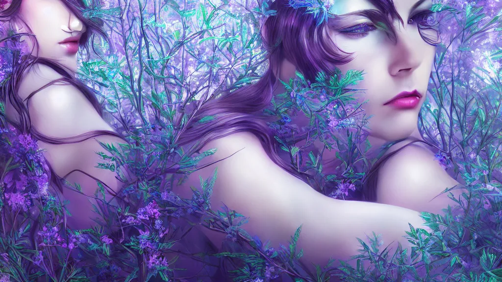 Prompt: art deco forest, blue and purple, ultra detail, photoreal, professionally retouched, wide angle, 8 k high definition, insanely detailed, intricate, elegant, art by artgerm and wlop