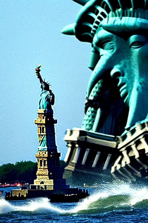 Prompt: giant sea creature devouring the statue of liberty, end of days, action horror cinema.