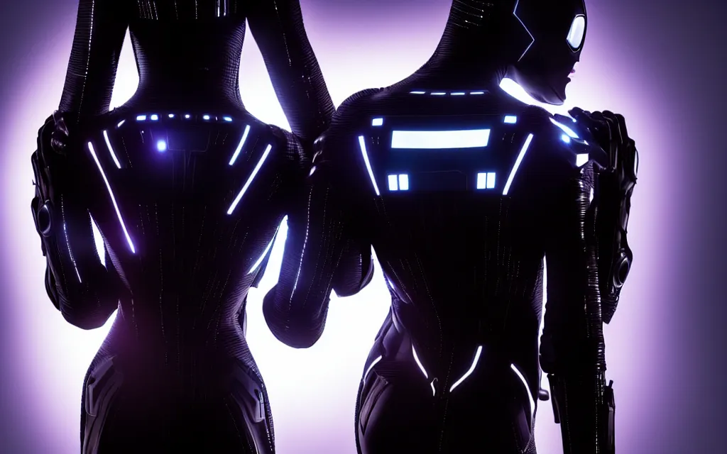 Prompt: love, diverse dark cybersuits, from behind, wide wide angle, vivid, elaborate, highly detailed, beautiful lighting