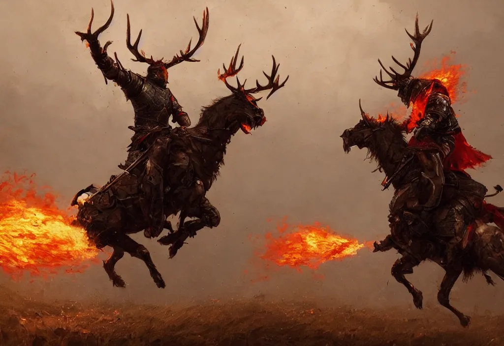 Image similar to a knight riding a burning stag, artstation, jakub rozalski, high detail, dramatic lighting